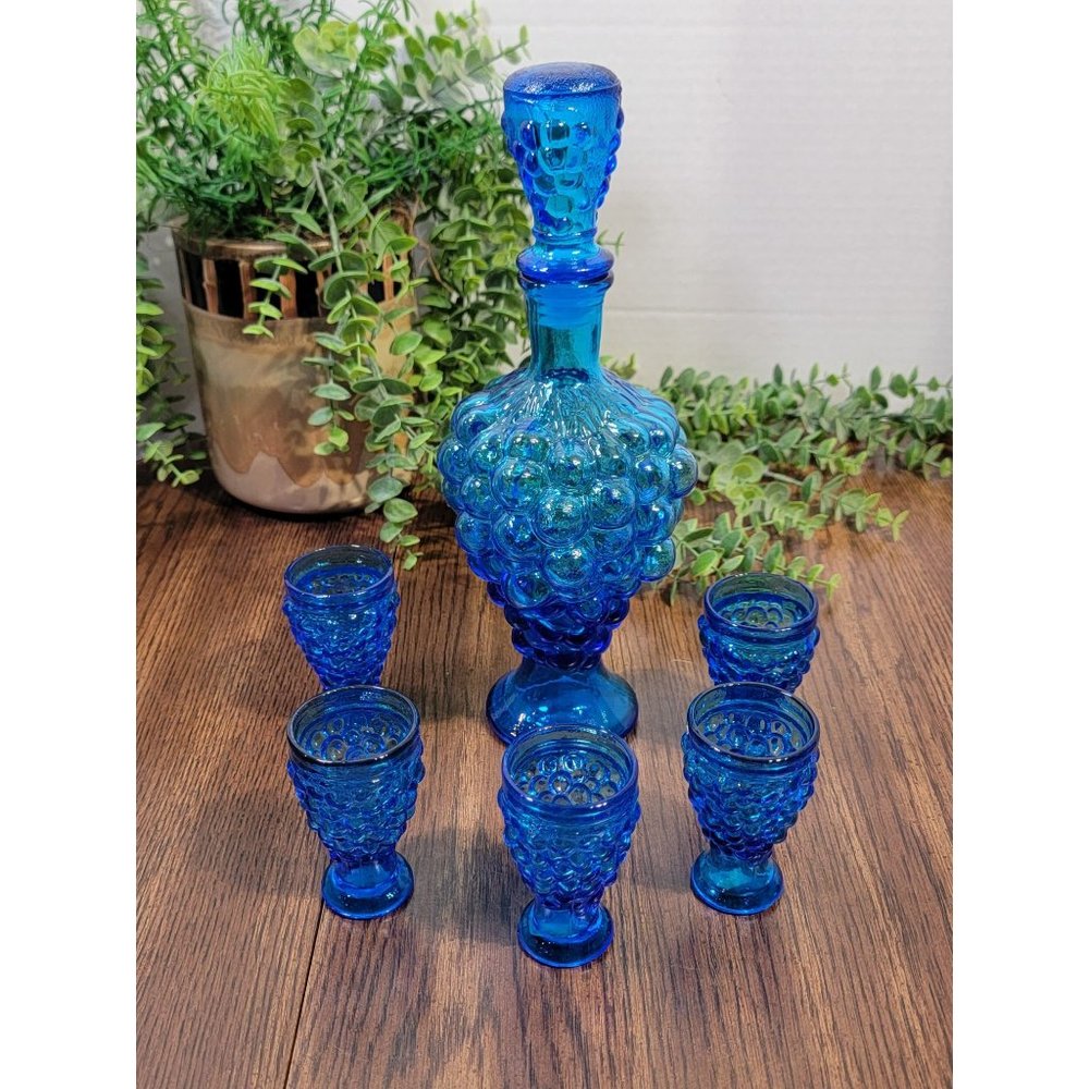 1960's MCM Cobalt Blue Decanter/Shot Glass 7 Piece Set, Decanter/5 Glasses